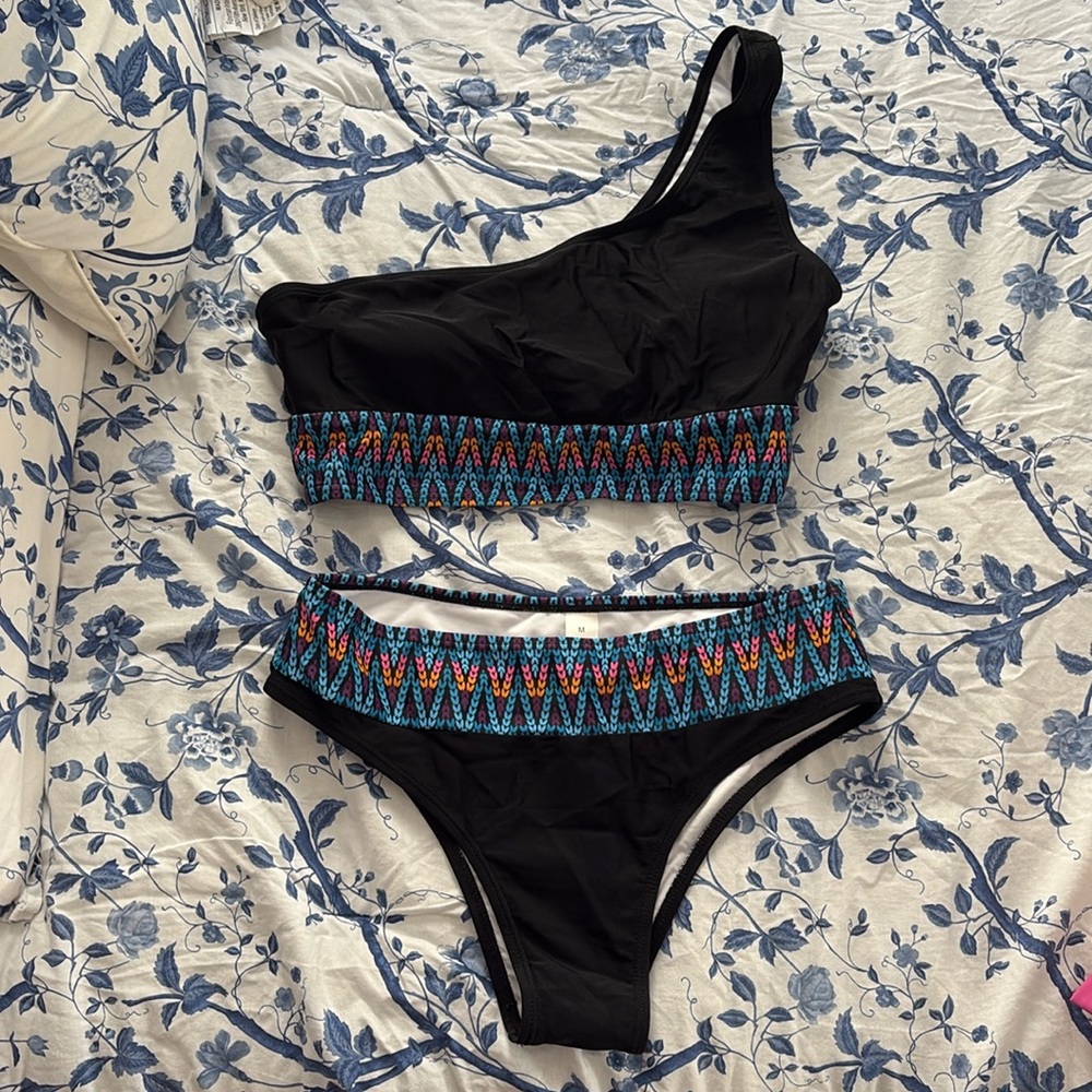 Medium black high waisted one shoulder bikini